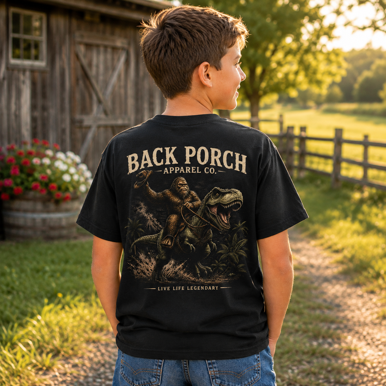 A boy stands outdoors in front of a rustic wooden barn, wearing a black graphic T-shirt. The back of the shirt features a large vintage-style print with the text 'BACK PORCH APPAREL CO.