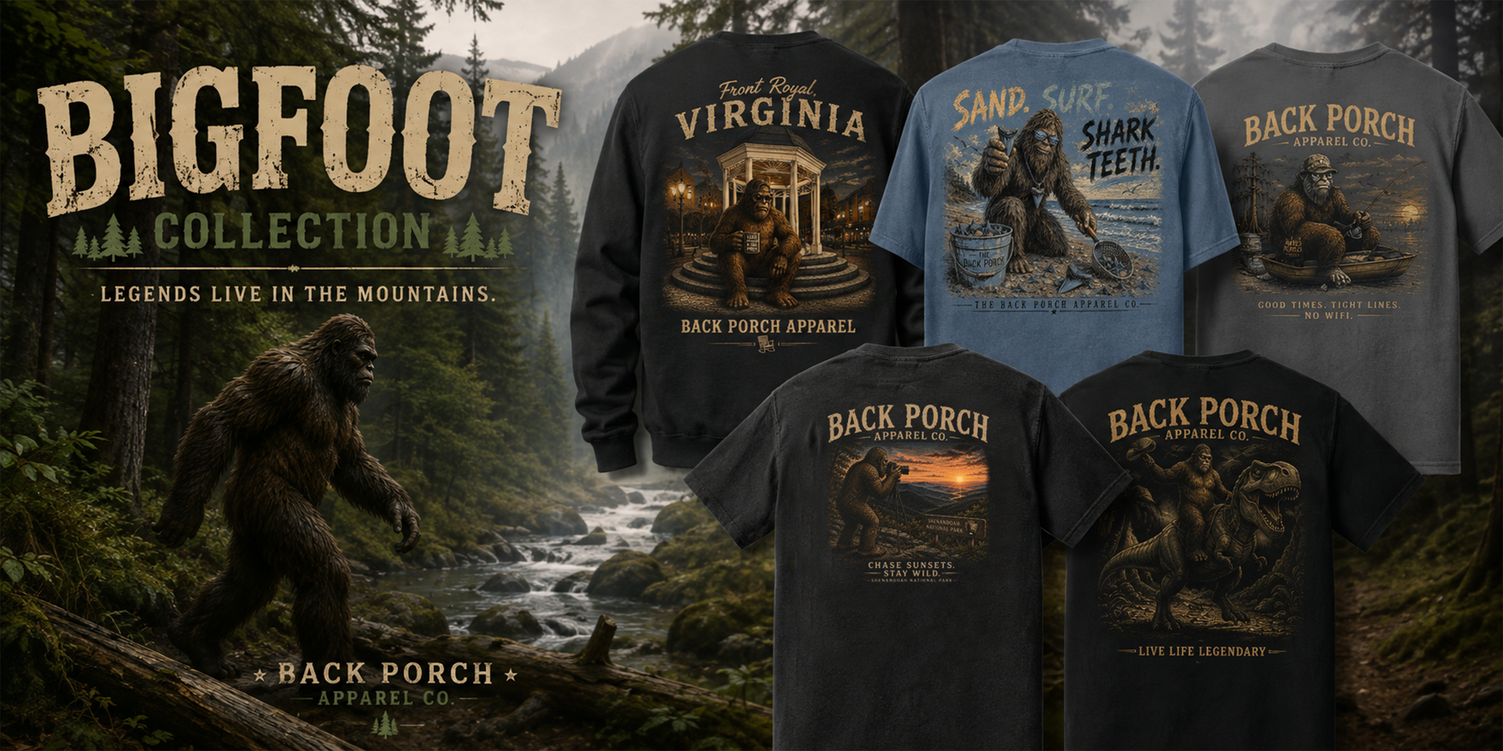 Bigfoot Collection by Back Porch Apparel featuring Bigfoot graphic tees inspired by outdoor adventures, Virginia, fishing, shark teeth and mountain legends.