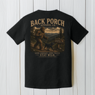 Bigfoot hiking in the shenandoah national park with a black lab tshirt full shirt view