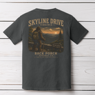 Skyline Drive Bigfoot graphic t-shirt on Comfort Colors garment-dyed tee featuring Sasquatch overlooking the Blue Ridge Mountains full shirt view