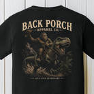 Back Porch Apparel Bigfoot Riding T-Rex Shirt Design