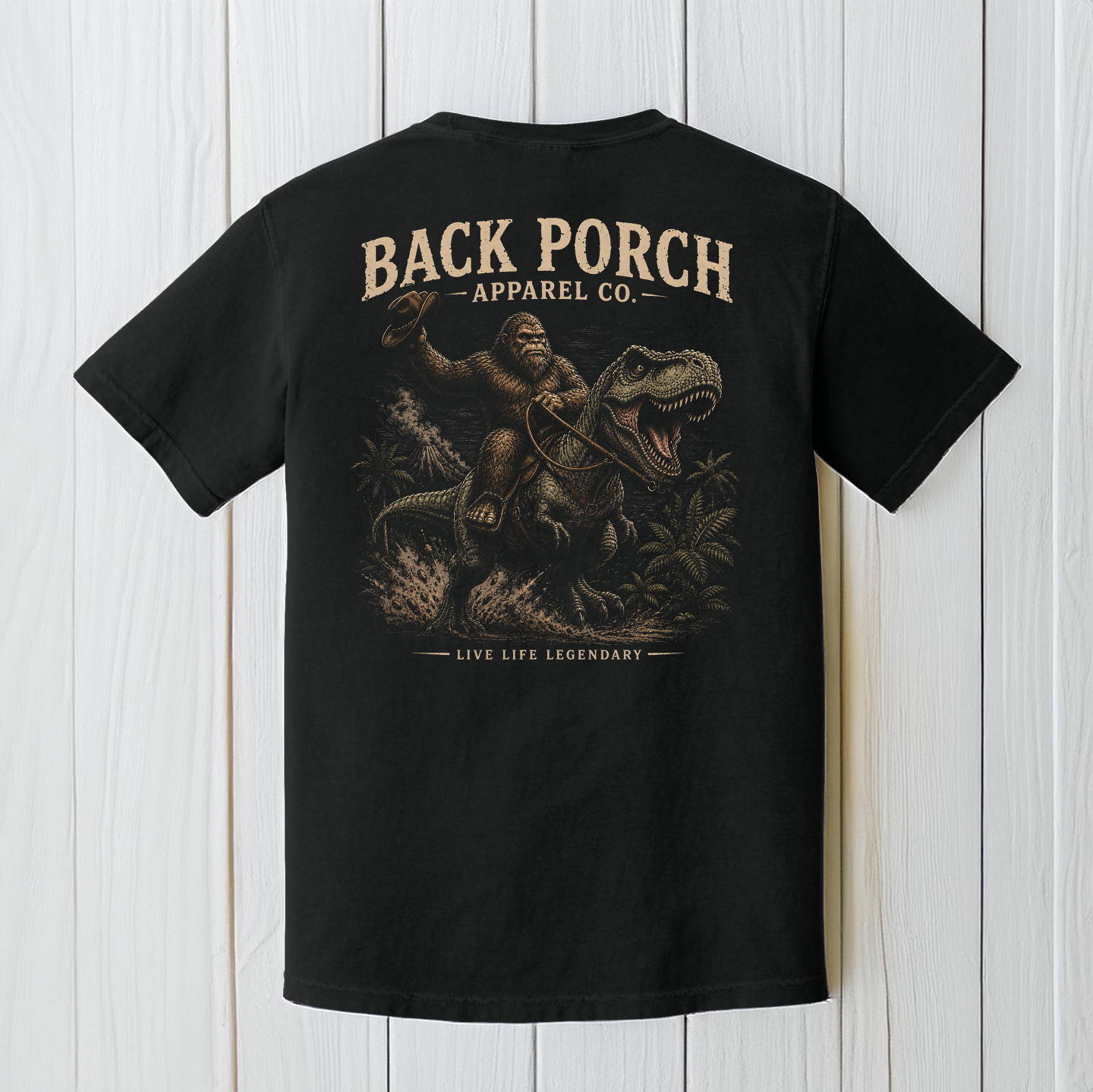 Back Porch Apparel Bigfoot Riding T-Rex Shirt Back View
