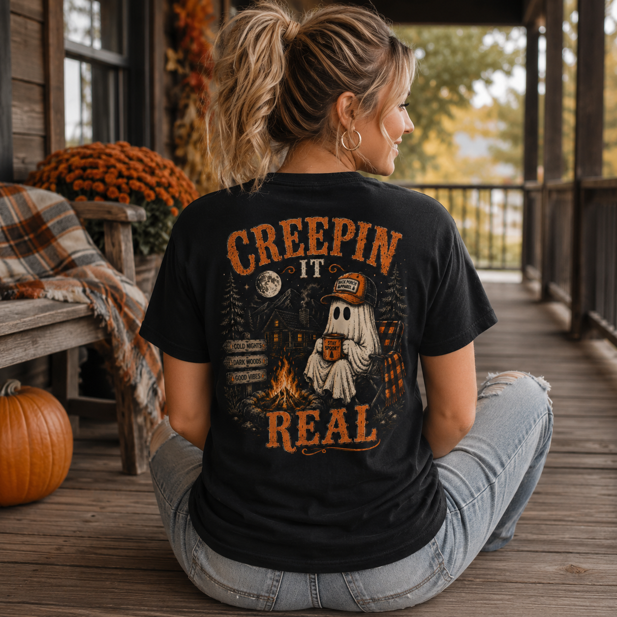 Women wearing a creeping it real Back Porch Apparel shirt