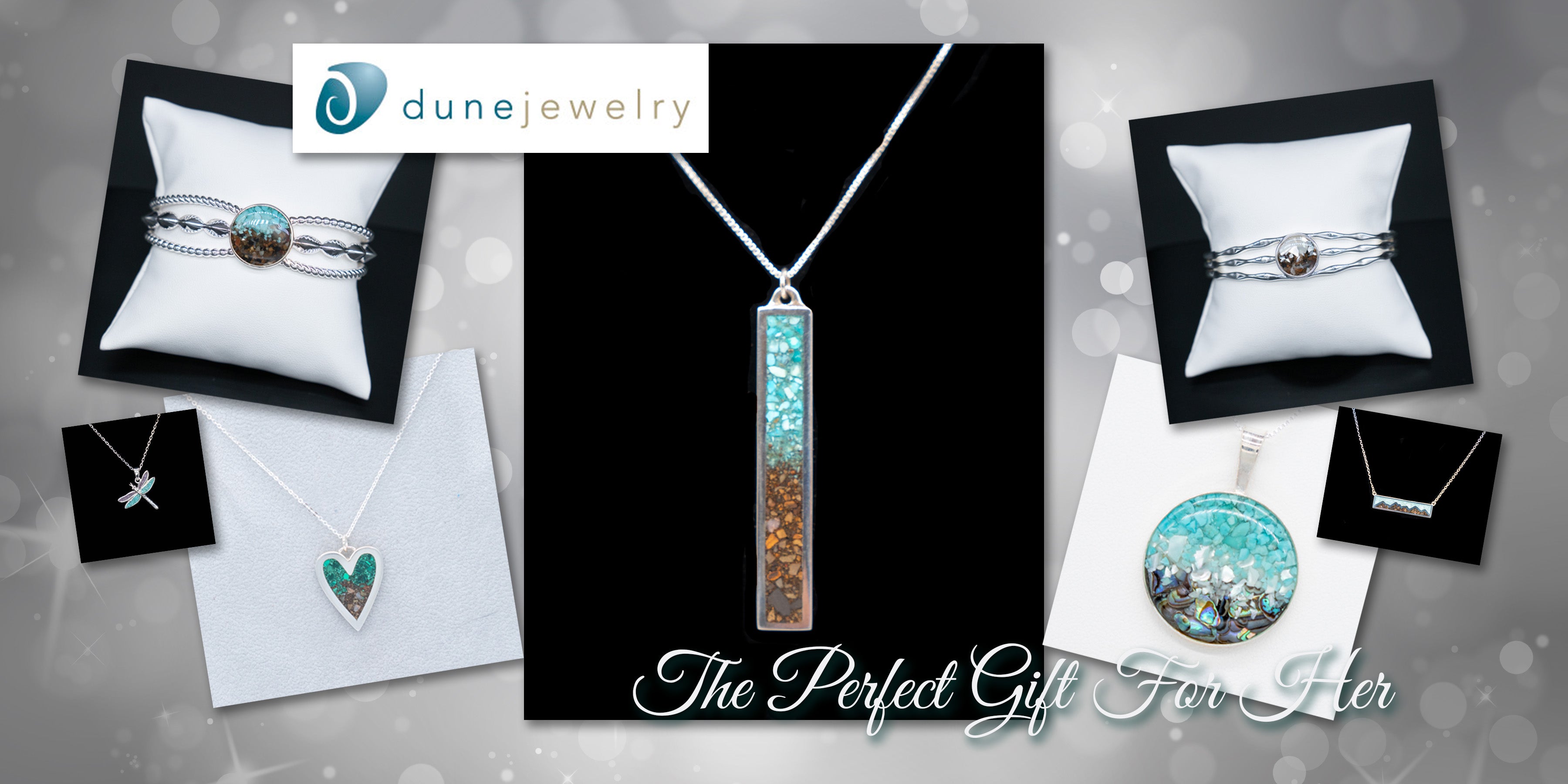 Dune Jewelry gift collection featuring handcrafted silver necklaces and bracelets with turquoise and sand inlays, presented as the perfect gift for her.
