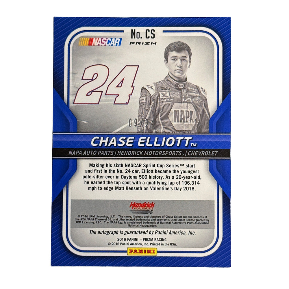 Back of 2016 Panini Prizm Chase Elliott NASCAR autograph card showing serial number and Panini authentication.