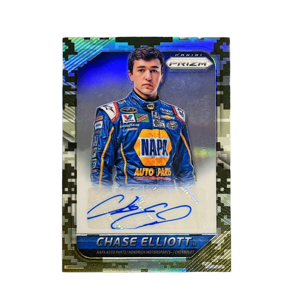 2016 Panini Prizm Chase Elliott Camo Prizm autograph card numbered to 99 featuring Hendrick Motorsports driver.