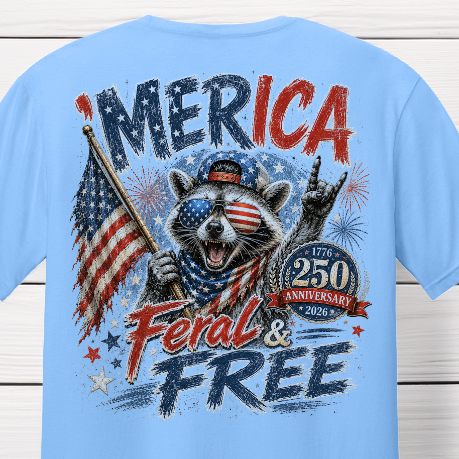 Funny patriotic raccoon artwork with fireworks, American flag, and Feral & Free 250th Anniversary theme