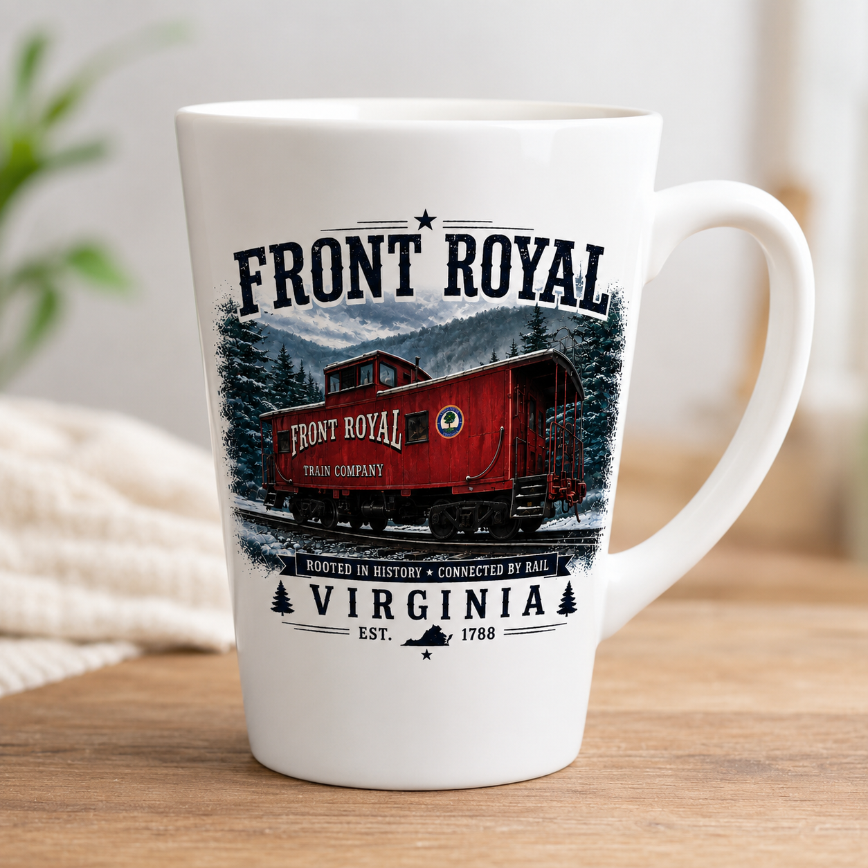 Front Royal Train Company ceramic latte mug featuring a vintage red caboose with Blue Ridge Mountain scenery and rustic Virginia typography on a white coffee mug.