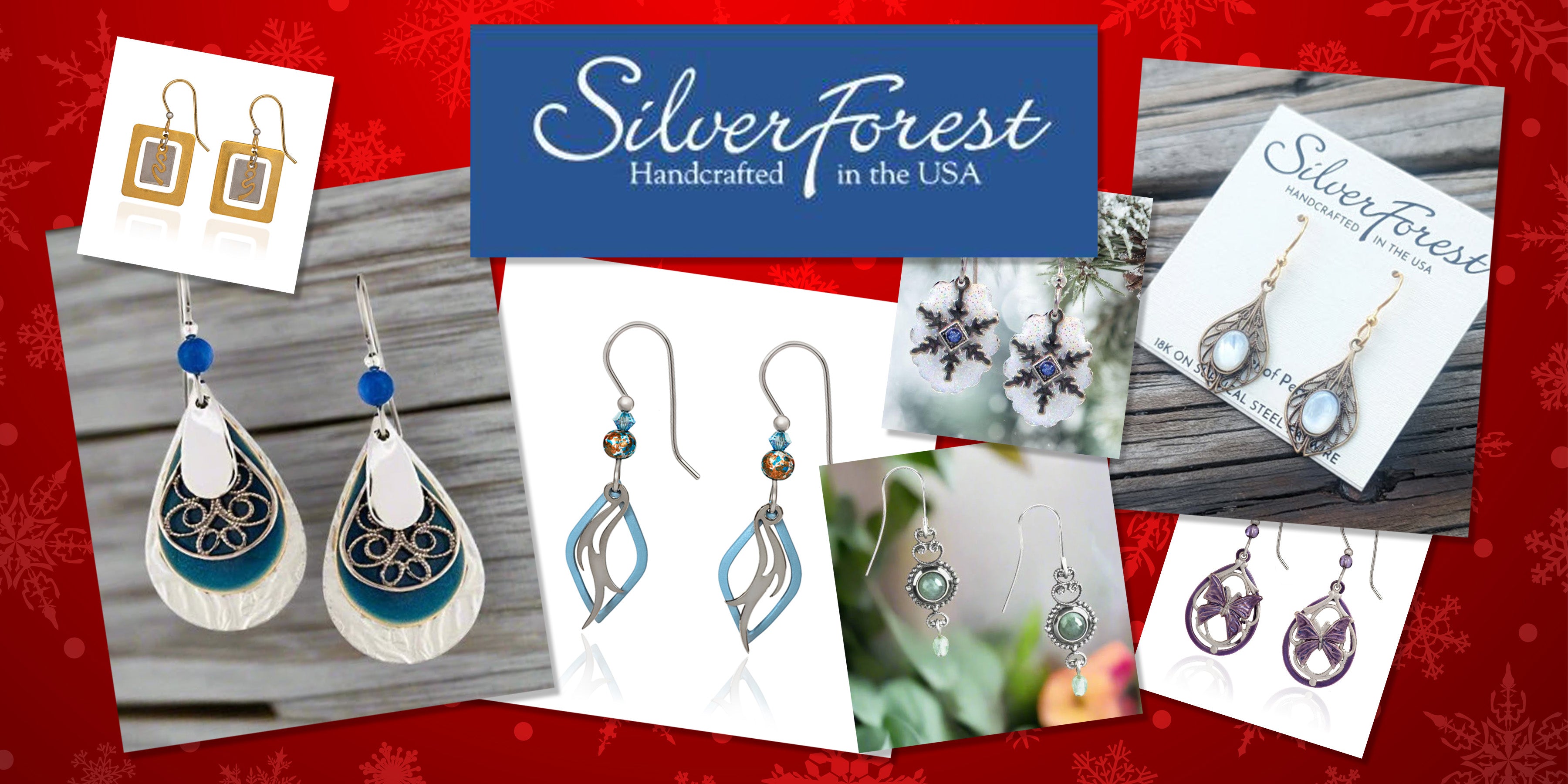 Collage of handcrafted Silver Forest earrings featuring nature-inspired designs, mixed metals, colorful layers, and seasonal styles displayed on a holiday background.
