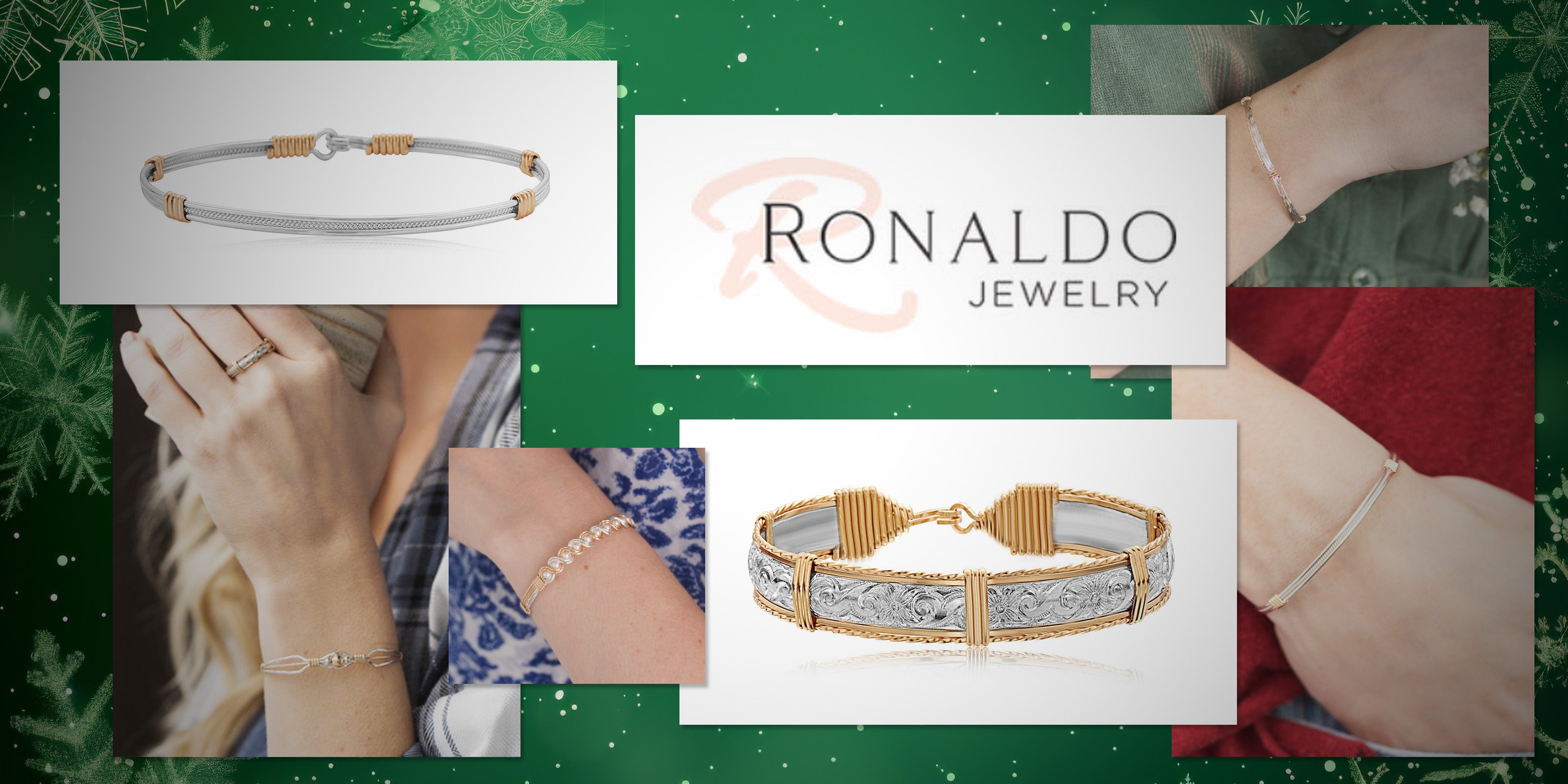 Collage of handcrafted Ronaldo Jewelry bracelets and rings made with 14k gold artist wire and sterling silver, including lifestyle and product images.