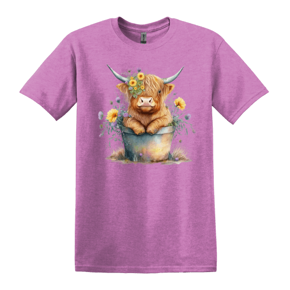 Highland Cow with Flowers Soft Ring Spun 100% Cotton Midweight Unisex T-Shirt TShirt