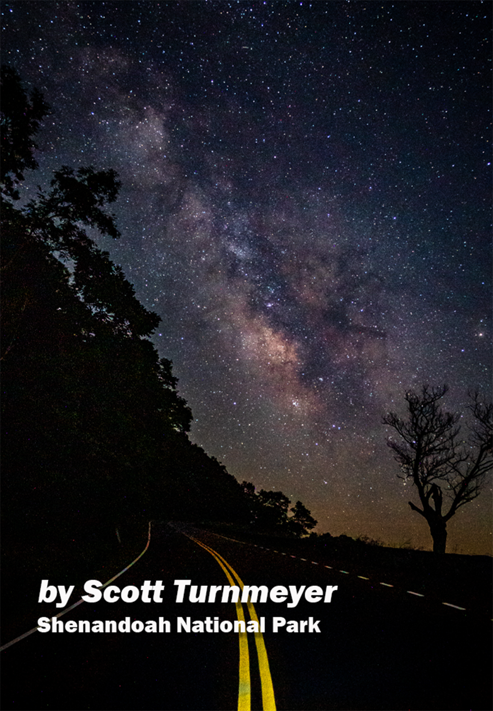 Milky Way night sky over Skyline Drive in Shenandoah National Park, photographed by Scott Turnmeyer