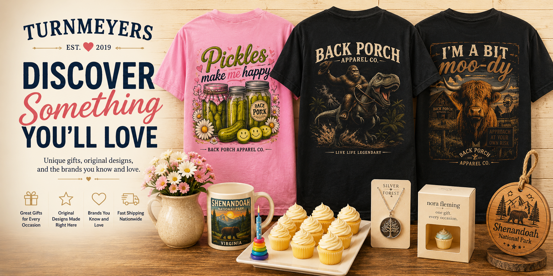 Turnmeyers homepage banner featuring Back Porch Apparel graphic T-shirts, Nora Fleming stoneware, Silver Forest jewelry, Shenandoah National Park gifts, and unique gifts available online.