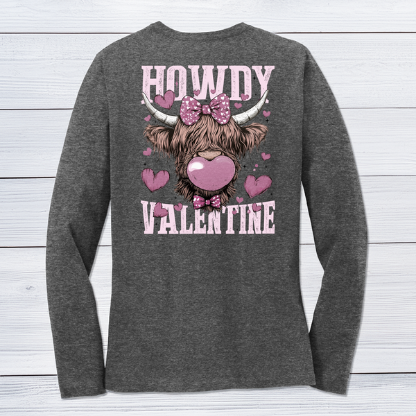 Howdy Valentine Highland Cow Women’s Long Sleeve Tee