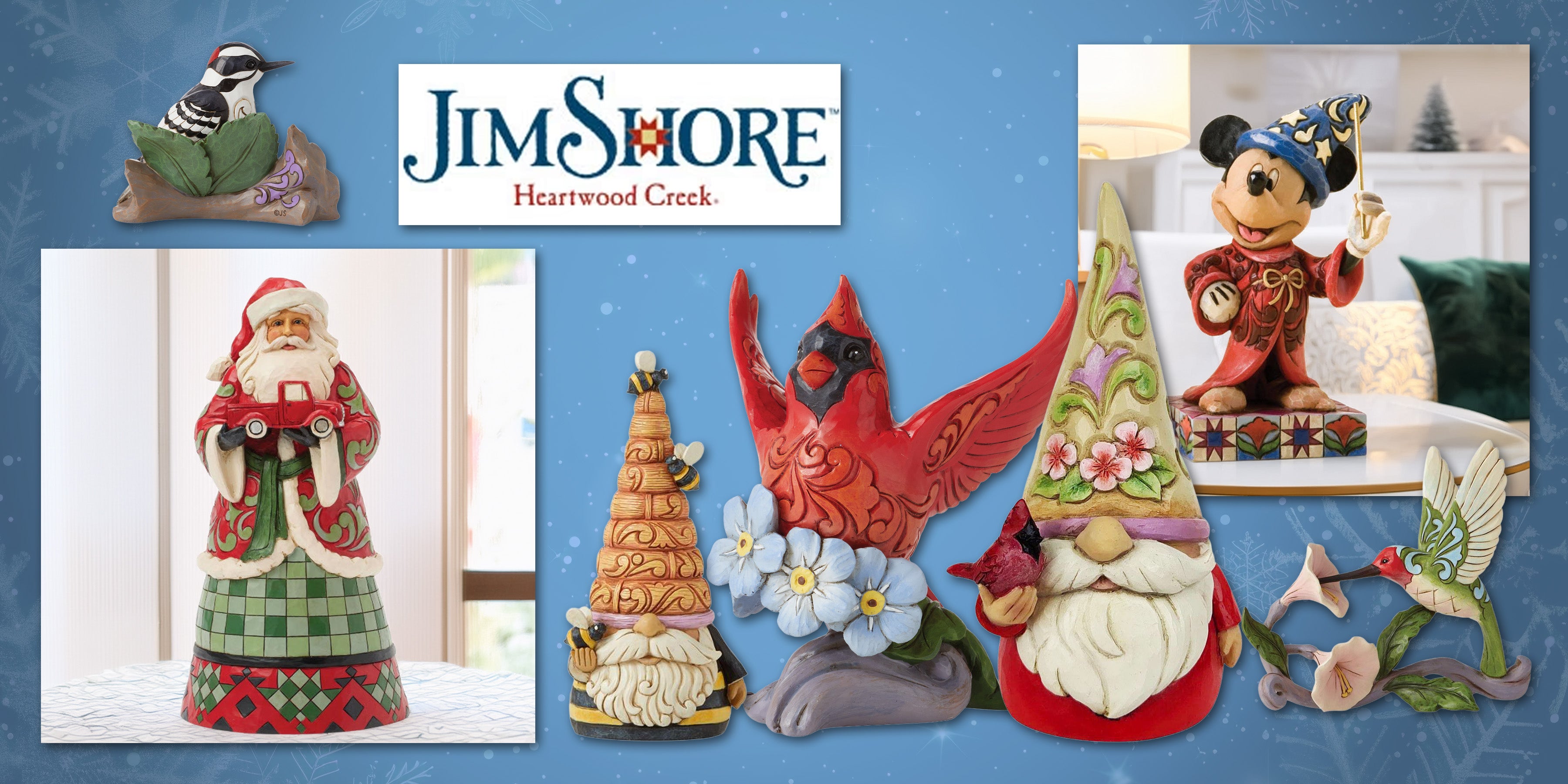 Jim Shore figurines featuring handcrafted folk-art designs and traditional patterns.
