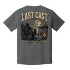 Fishing artwork  on a white background featuring an angler and dog by a campfire beside a moonlit lake with Last Cast slogan. T-Shirt on Comfort Colors