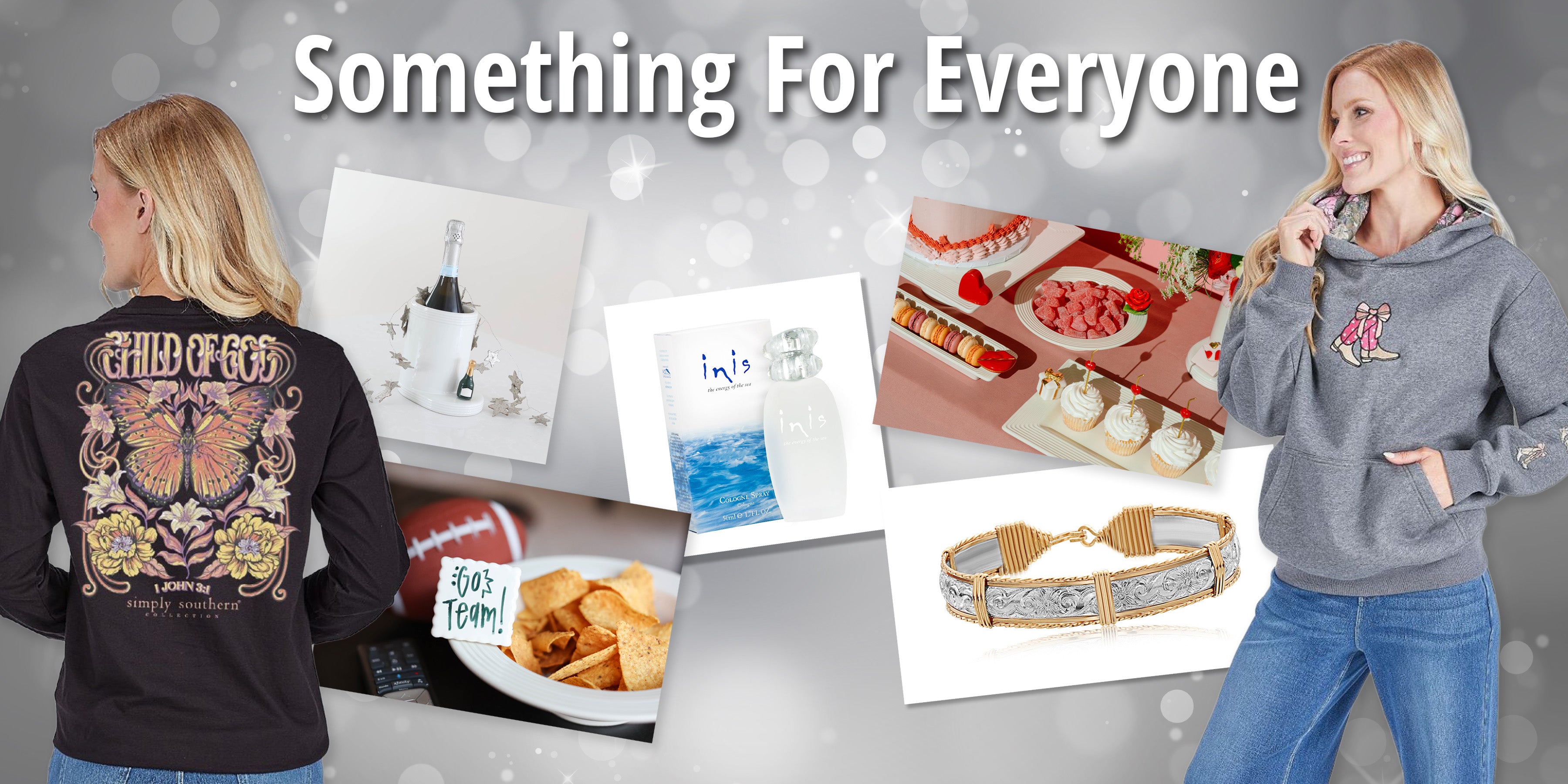 Winter homepage hero featuring Simply Southern apparel, jewelry, INIS fragrance, Nora Fleming serving pieces, and giftable items, representing something for everyone.