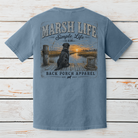 Coastal marsh artwork featuring a black Labrador watching a sunset over tidal waterways with Marsh Life Simple Life slogan
