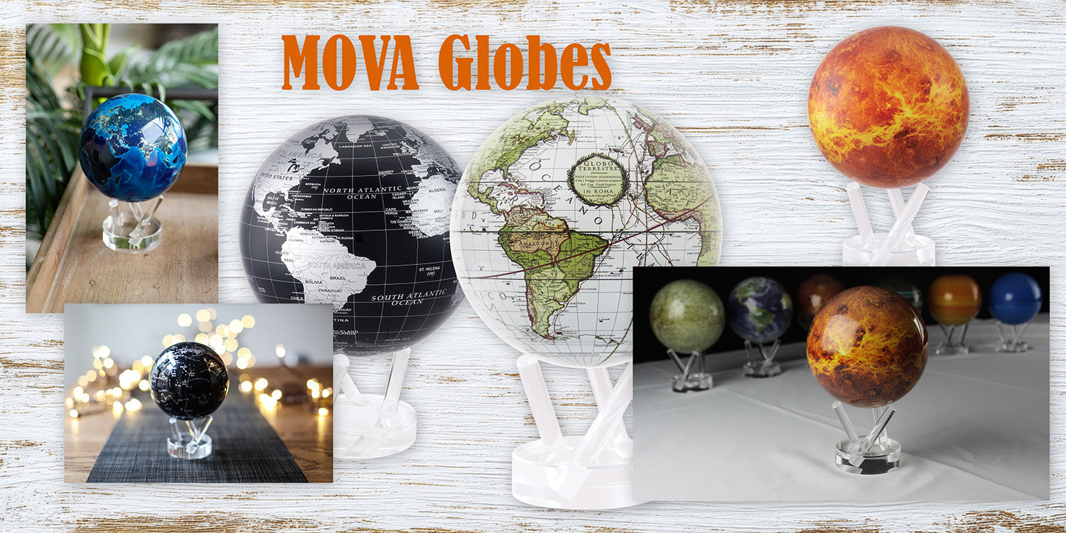 MOVA Globe rotating slowly on its base, featuring a detailed world map powered by ambient light