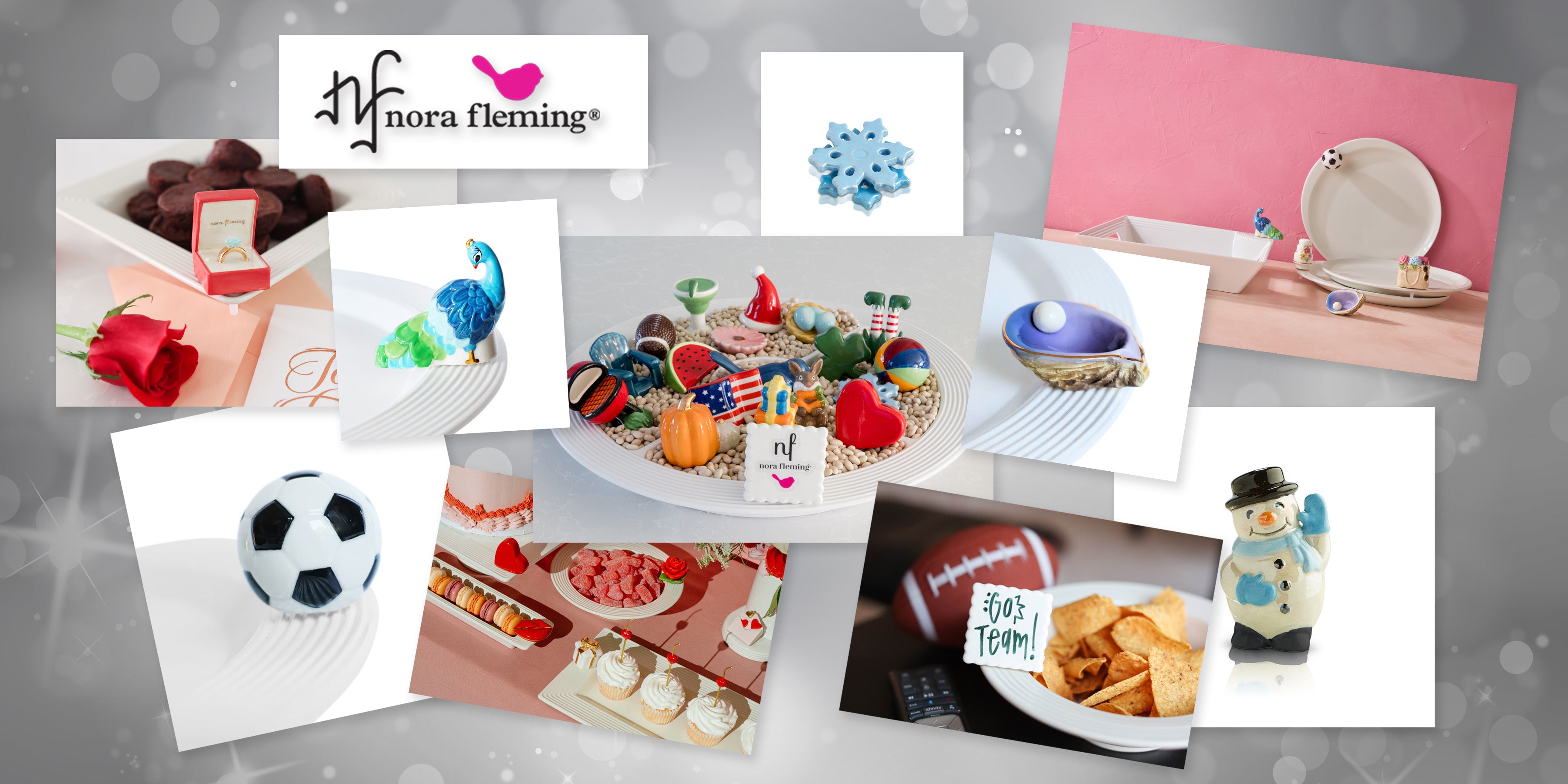 Nora Fleming serving pieces with interchangeable hand-painted minis for seasonal and everyday entertaining