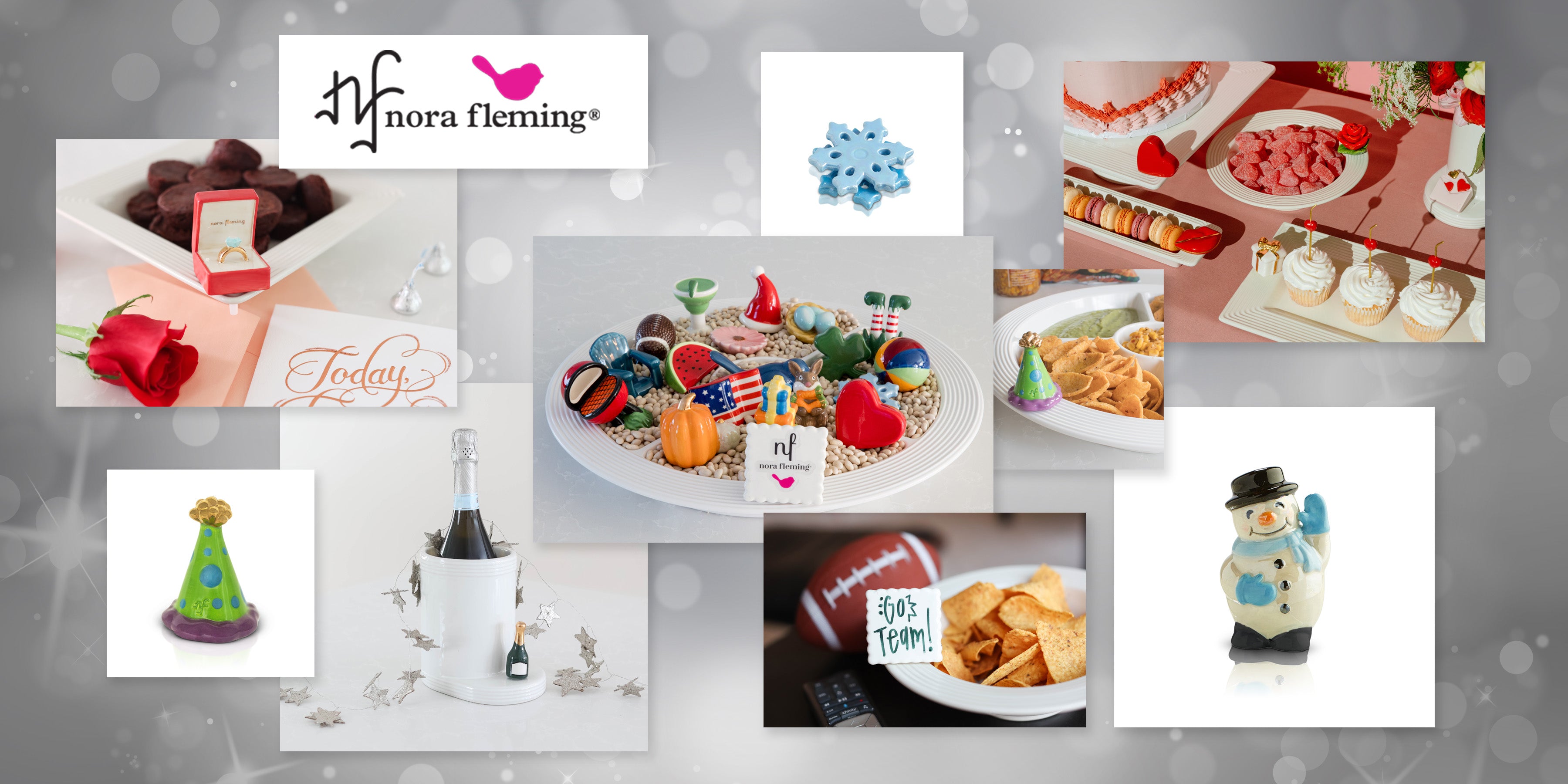 Nora Fleming interchangeable minis and serving platters styled together for the Turnmeyers Nora Fleming collection.