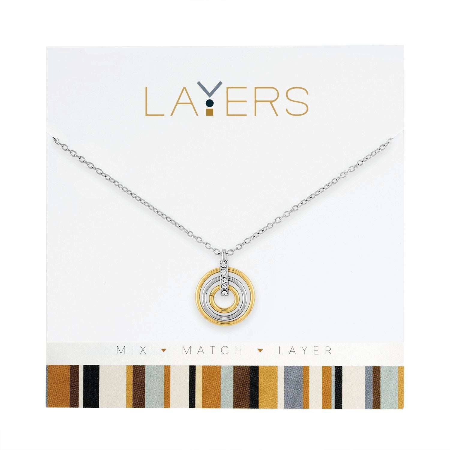 Dual Tone Harmony: Silver and Gold Trio Ring Adjustable Layers Necklace - Clasp-Free, Drawstring Adjuster, 13" to 34"