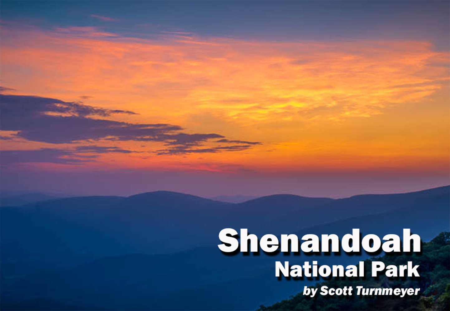 Sunset over layered Blue Ridge Mountains in Shenandoah National Park, photographed by Scott Turnmeyer