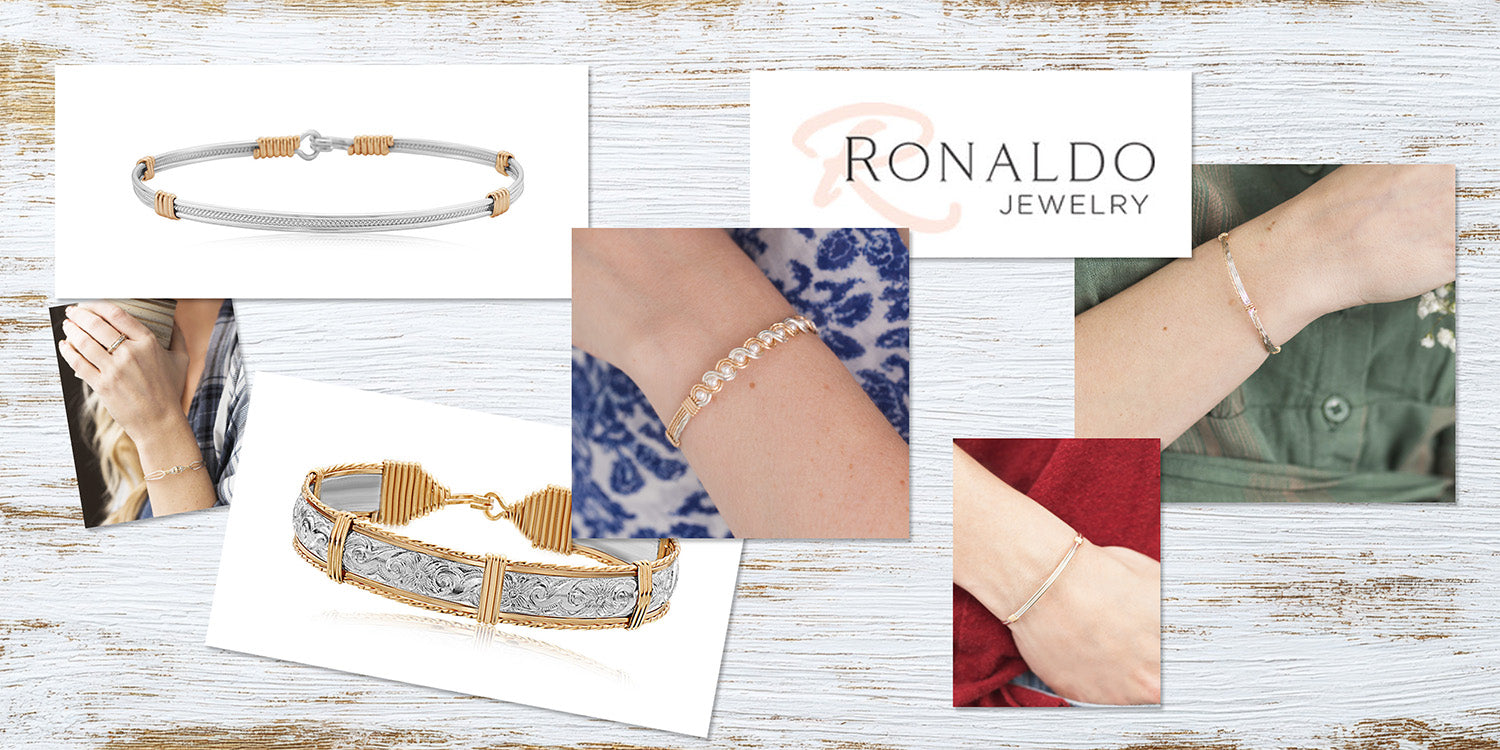 Collage of handcrafted Ronaldo Jewelry bracelets and rings made with 14k gold artist wire and sterling silver, including lifestyle and product images.