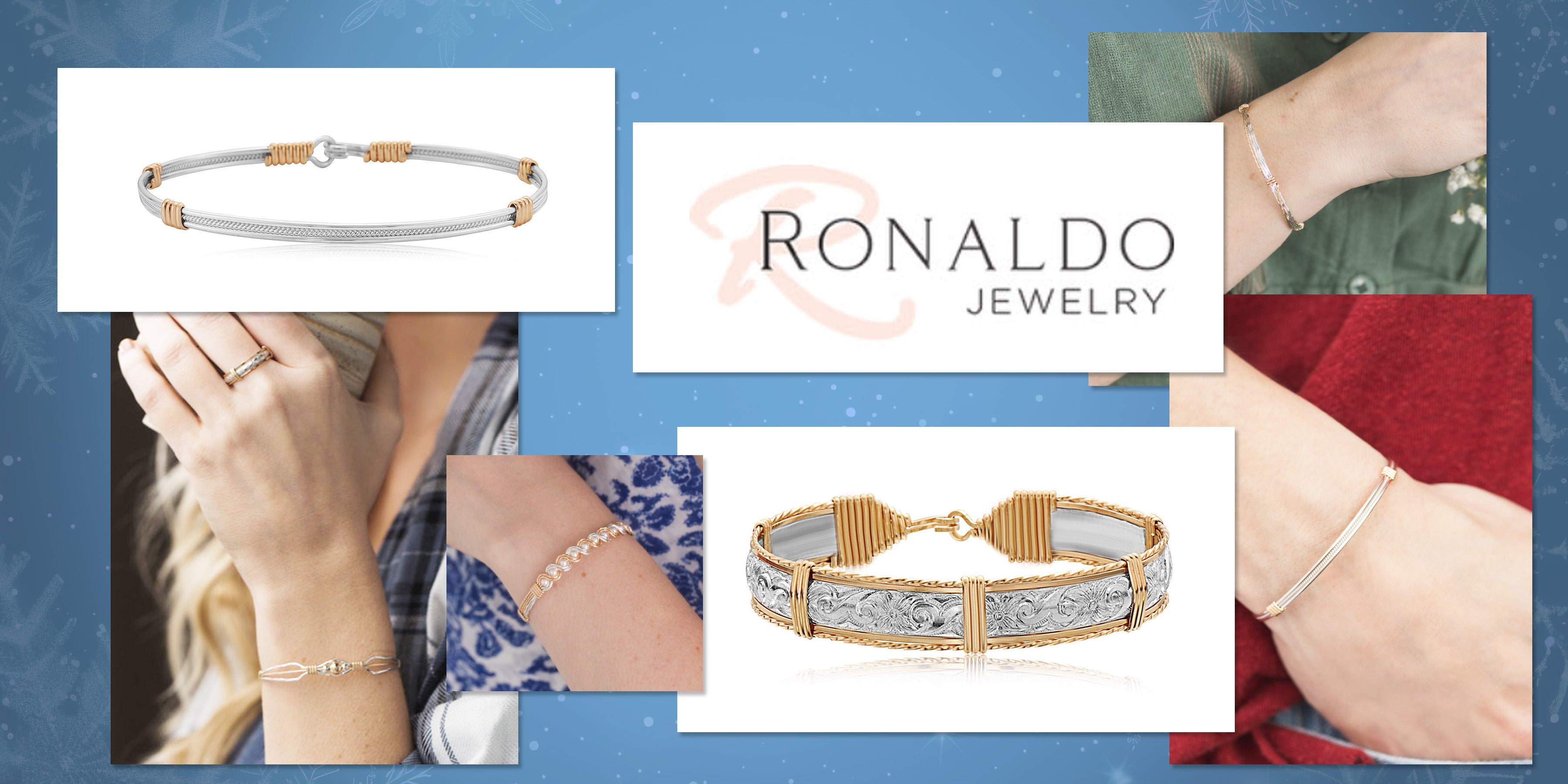 Collage of handcrafted Ronaldo Jewelry bracelets and rings made with 14k gold artist wire and sterling silver, including lifestyle and product images.