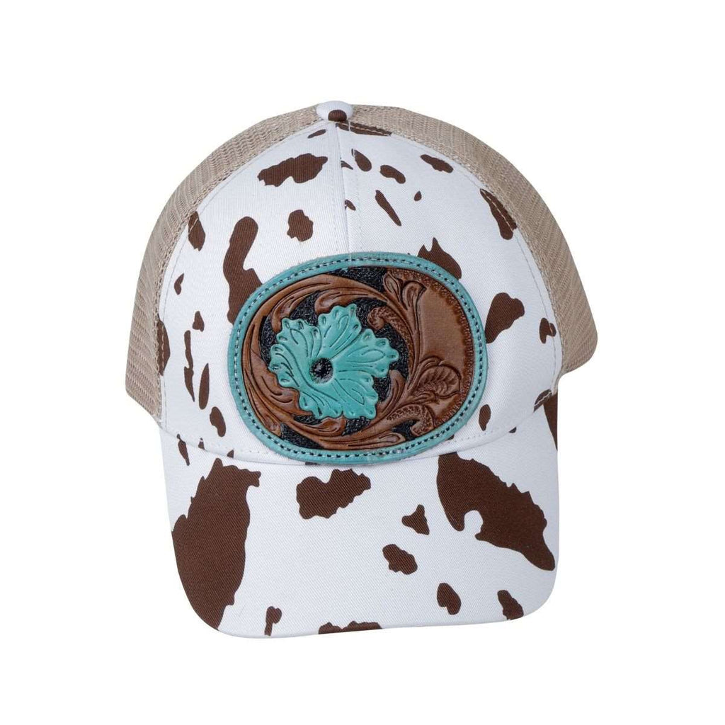 Blue Petals Leather and Cow Print Hat