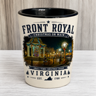 Front Royal Christmas on Main ceramic shot glass featuring the decorated gazebo, Christmas tree, and festive holiday lights in Front Royal, Virginia.