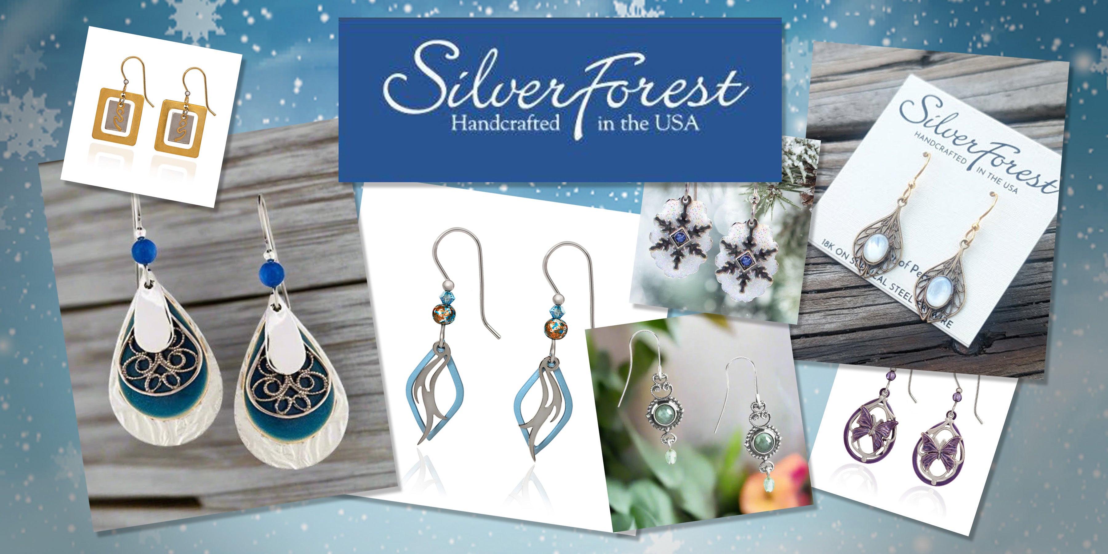 Collage of handcrafted Silver Forest earrings featuring nature-inspired designs, mixed metals, colorful layers, and seasonal styles displayed on a holiday background.