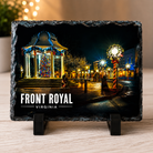 5" × 7" natural slate artwork featuring Front Royal at Christmas, an original photograph by Scott Turnmeyer showing the historic Main Street gazebo decorated with Christmas lights and a festive holiday tree in Front Royal, Virginia.
