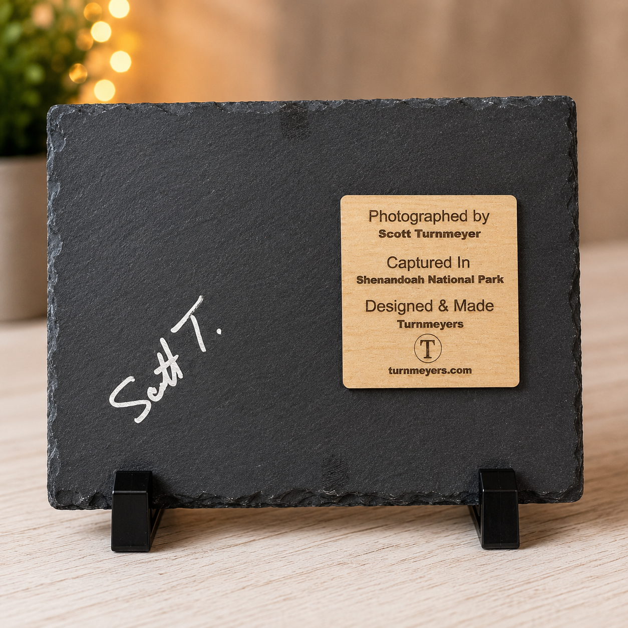Back of the 5 x 7 natural slate artwork showing Scott Turnmeyer's signature and a laser-engraved authenticity plaque identifying the photograph, Shenandoah National Park location, and Turnmeyers craftsmanship.