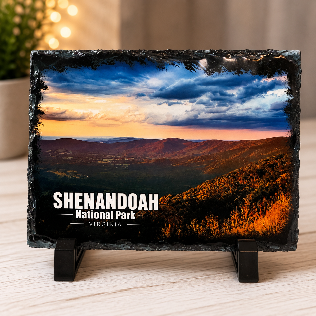 5 x 7 natural slate artwork featuring Sunset at Hogback, an original photograph by Scott Turnmeyer captured at Hogback Overlook in Shenandoah National Park along Skyline Drive.
