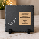 Back of the Shenandoah Sunrise natural slate artwork showing Scott Turnmeyer's signature and a laser-engraved authenticity plaque identifying the photograph, location, and Turnmeyers craftsmanship.