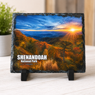Original Shenandoah Sunrise photograph by Scott Turnmeyer sublimated onto a 5 x 7 natural slate plaque featuring vibrant autumn foliage and sunrise over Shenandoah National Park.