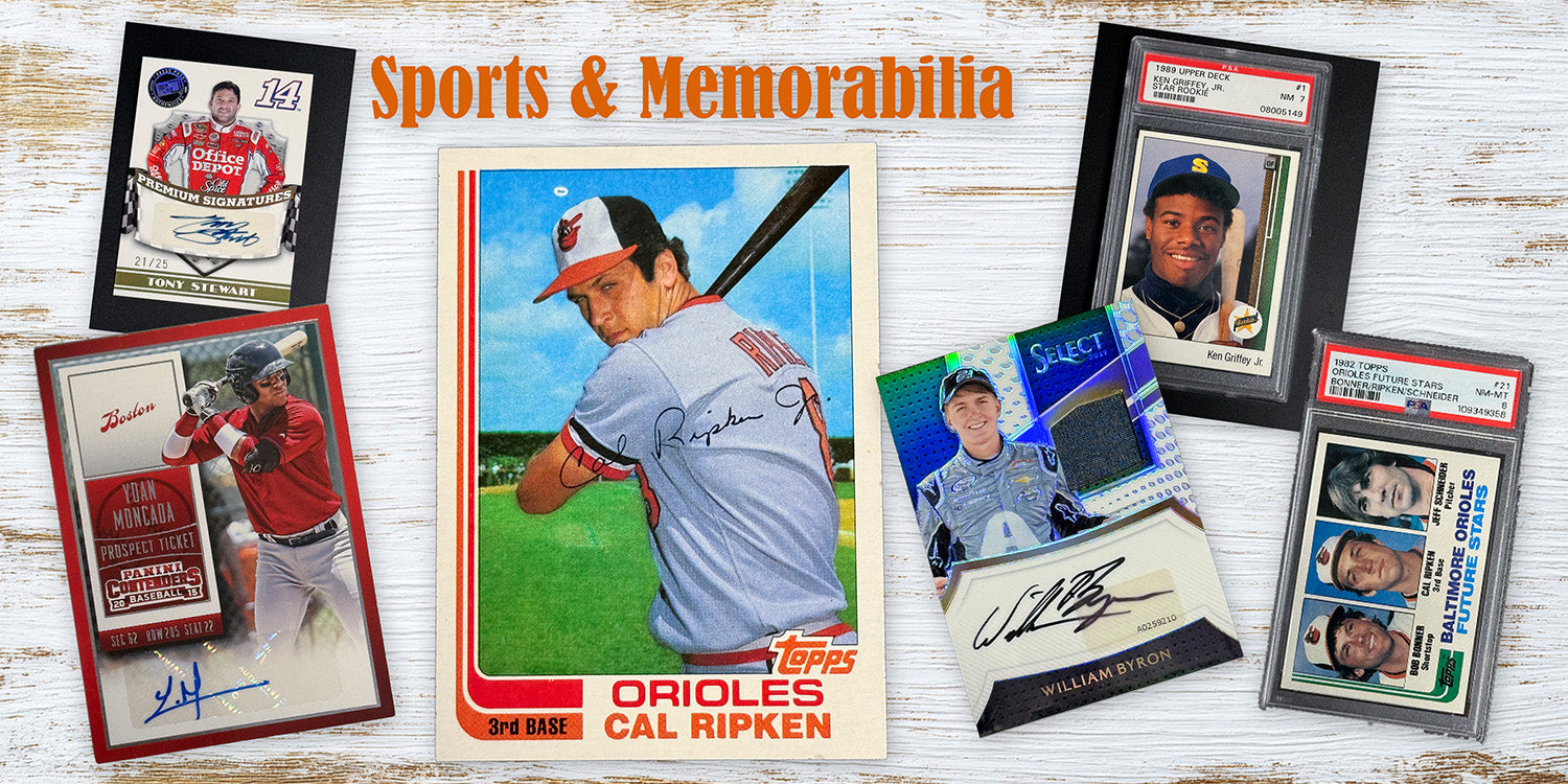 Selection of sports trading cards and memorabilia displayed together, highlighting iconic athletes and collectible history