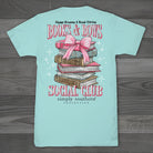 Simply Southern Books and Bows Social Club t-shirt back view in aqua with stacked books and pink bow graphic