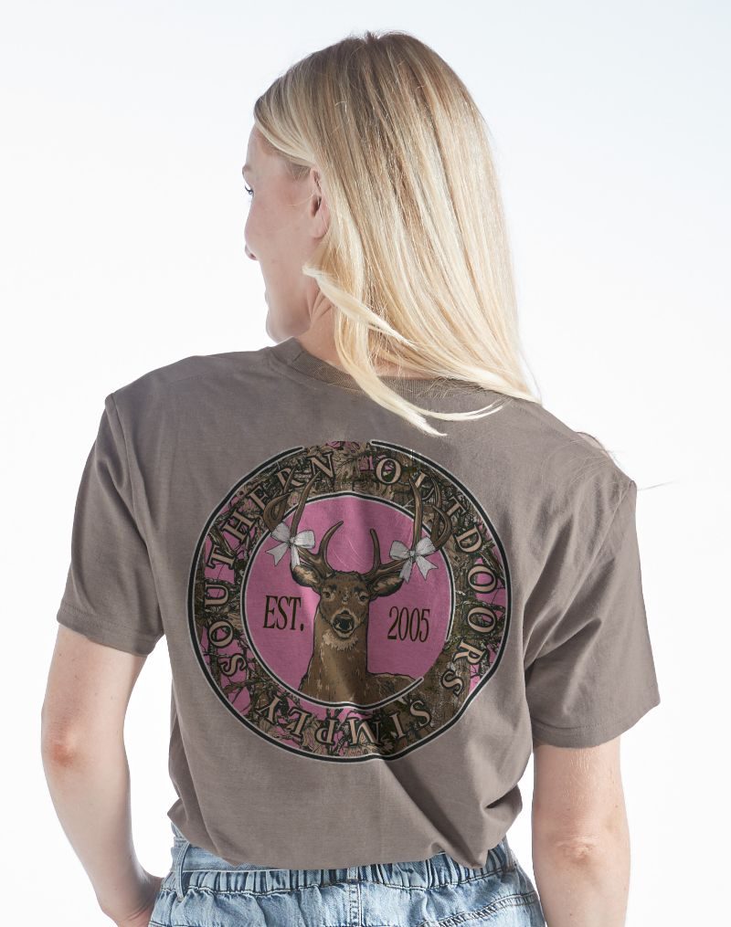 Simply Southern Women’s Outdoors Pink Camouflage Deer Graphic T-Shirt Model View