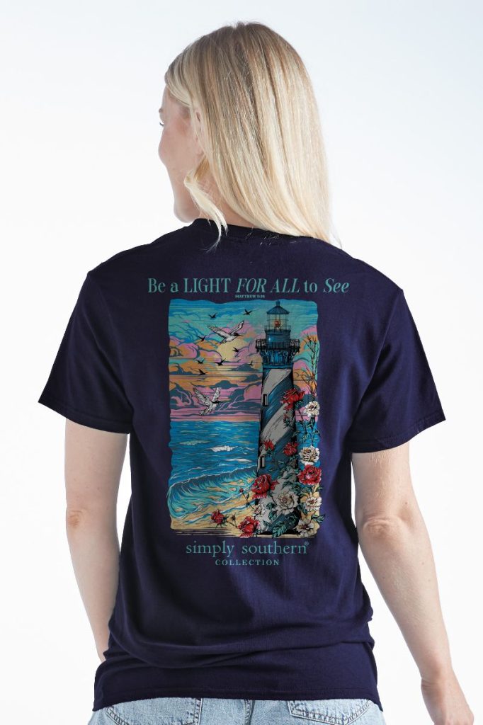 Simply Southern Women’s Lighthouse Be A Light Graphic T-Shirt Model View