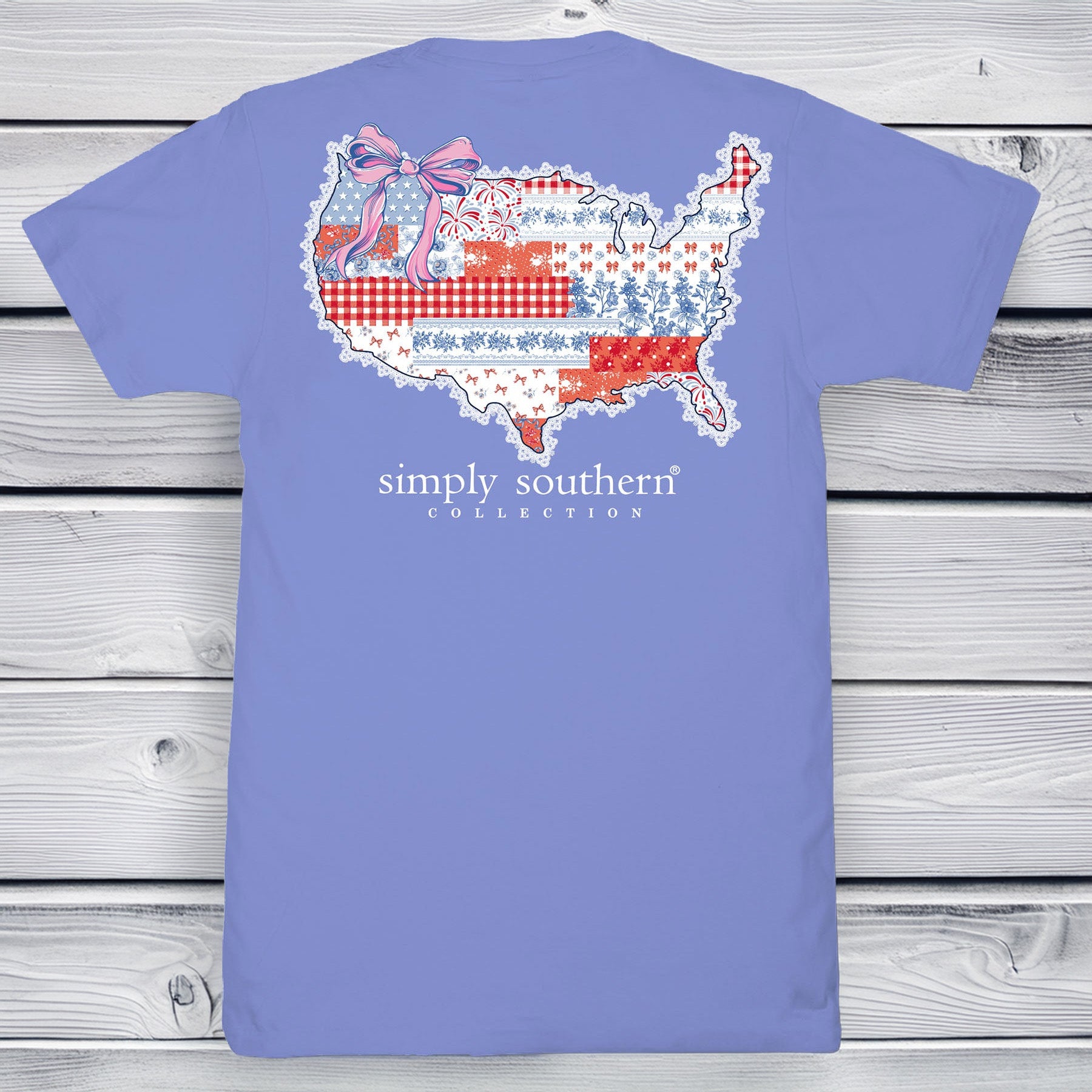 Simply Southern USA patchwork map bali blue short sleeve cotton tee with red white blue patterns and pink bow graphic