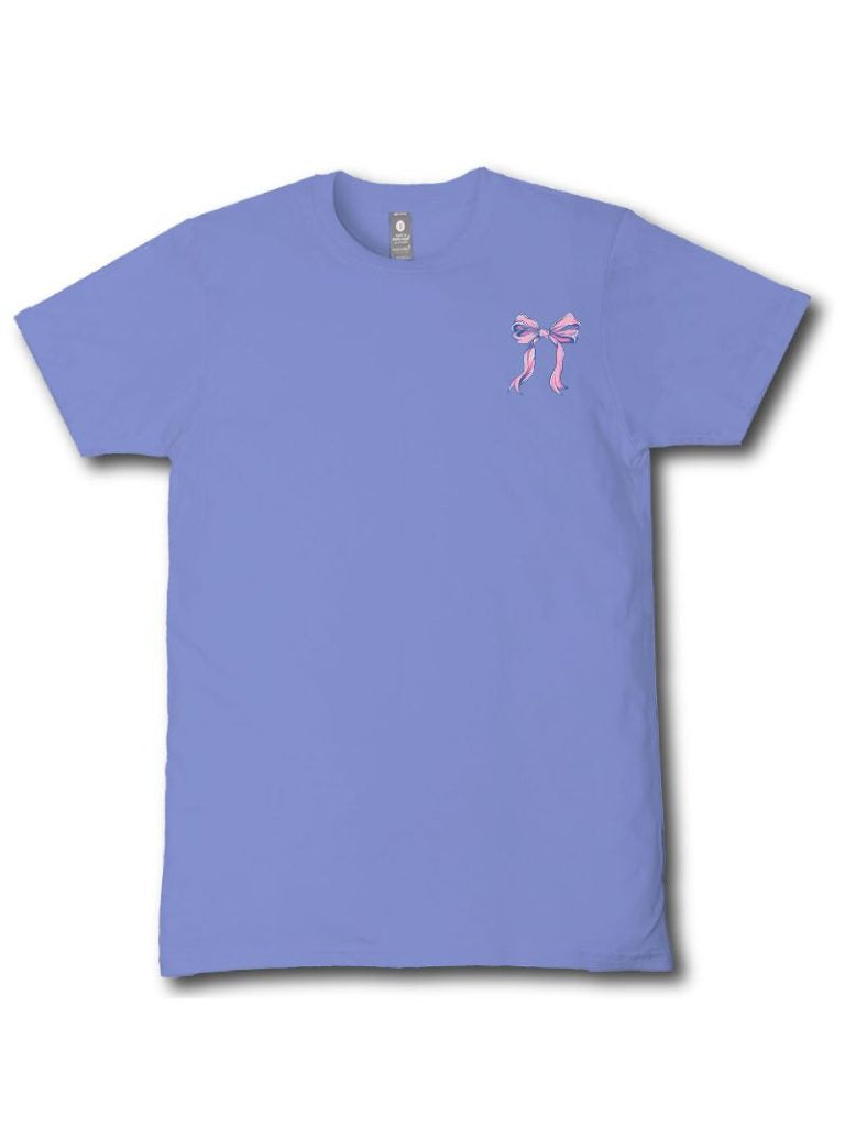 Simply Southern bali blue short sleeve cotton tee with small pink bow chest graphic