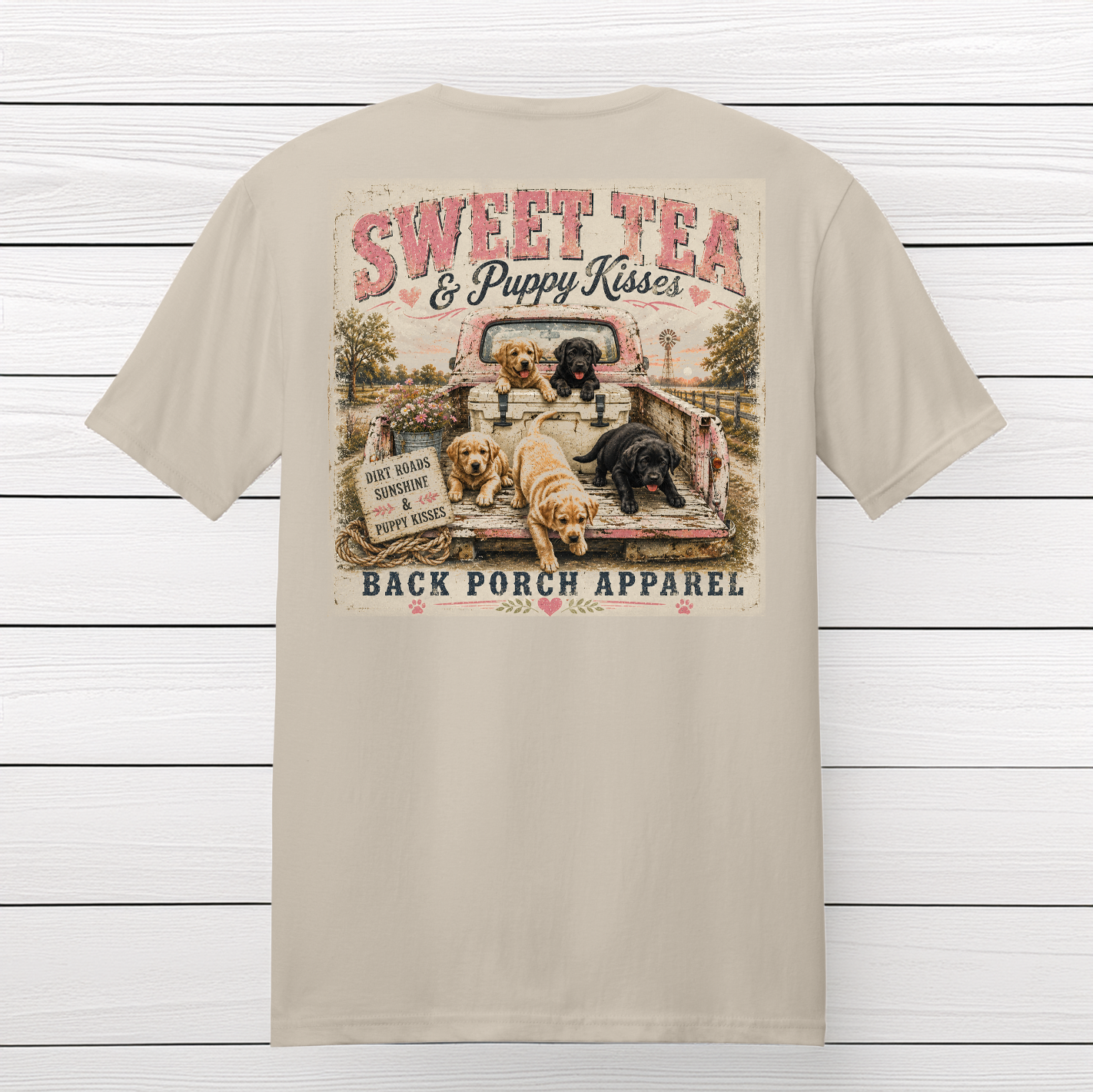 Sweet Tea and Puppy Kisses graphic t-shirt featuring Labrador Retriever puppies sitting in the bed of a vintage pickup truck
