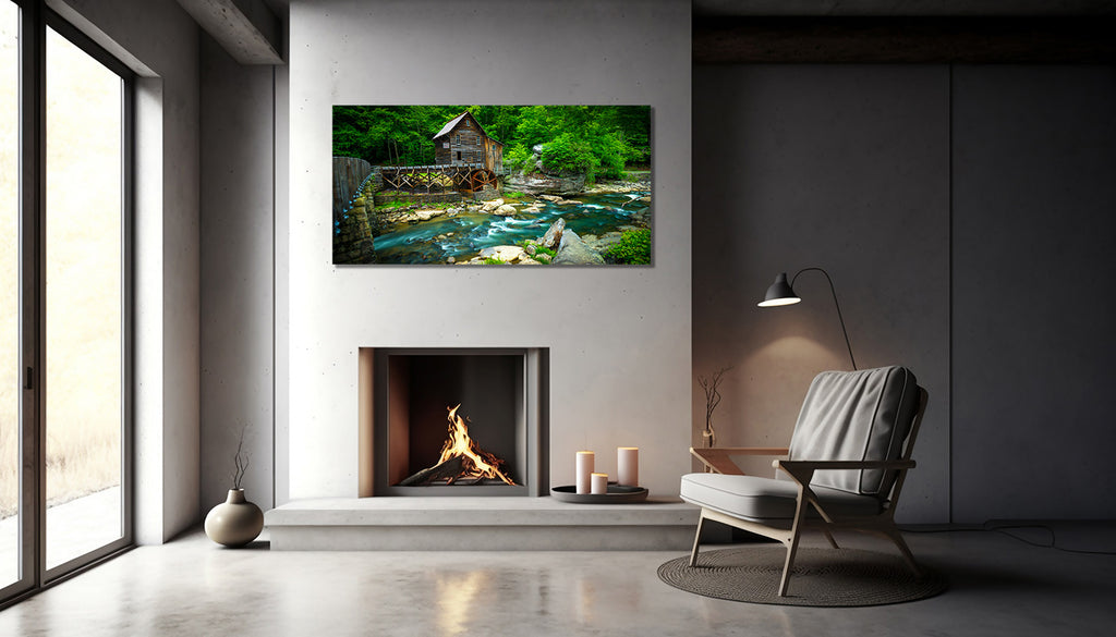 The Glad Creed Grist Mill in Babcock State Park near Beckley, West Virginia fine art photograph by Scott Turnmeyer shown in home. 