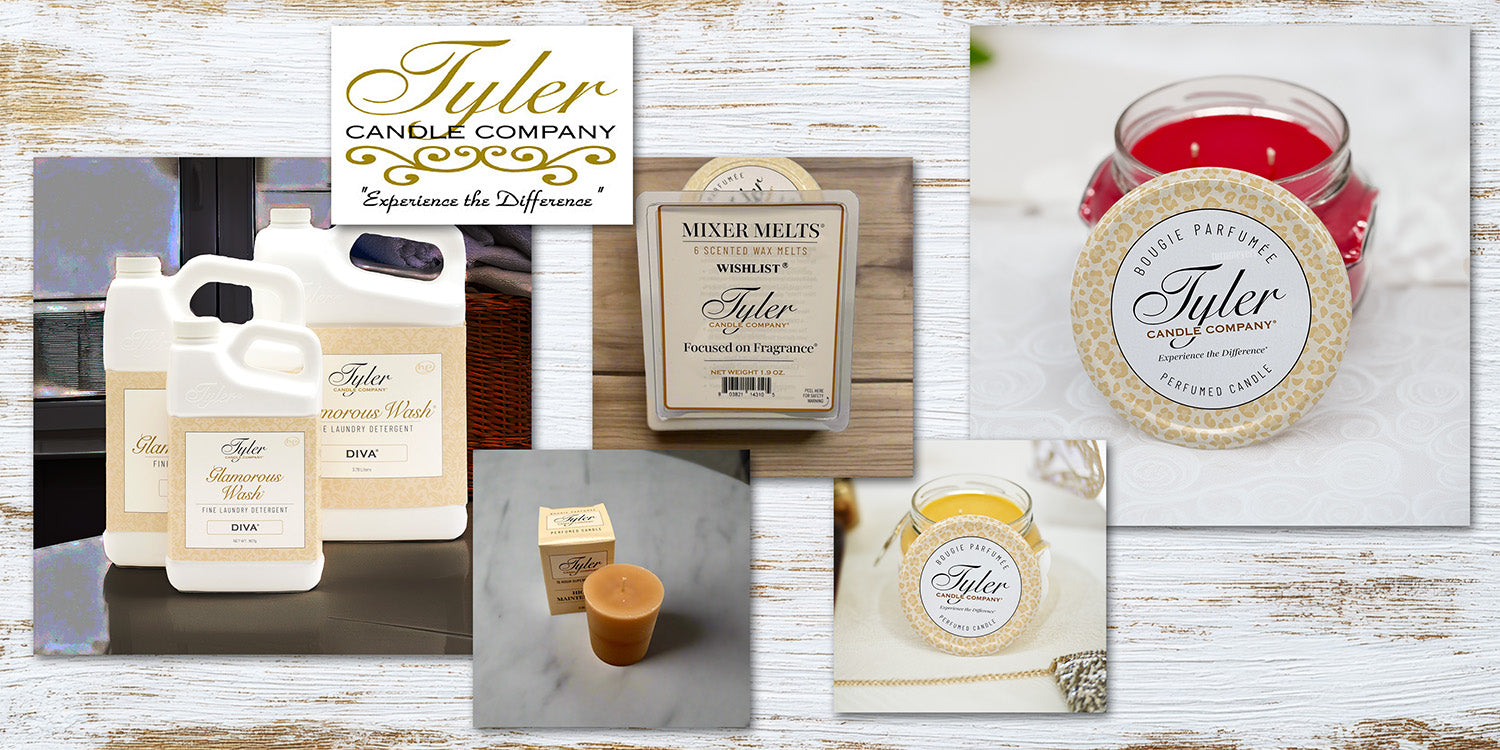 Tyler Candle Co. candles, wax melts, and Glam Wash laundry detergent featuring luxury home fragrances
