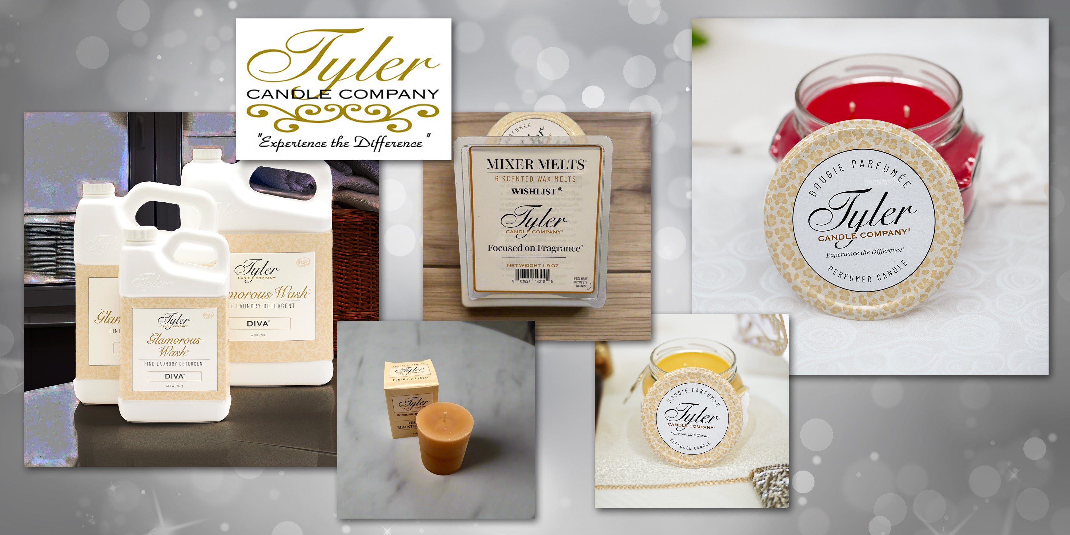 Tyler Candle Co. candles, wax melts, and Glam Wash laundry detergent featuring luxury home fragrances