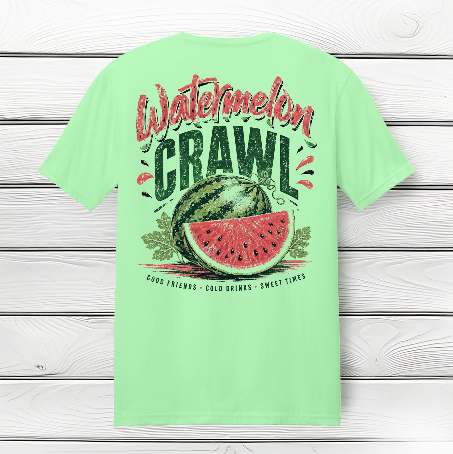 Watermelon Crawl graphic t-shirt featuring a vintage watermelon design and the phrase Good Friends Cold Drinks Sweet Times