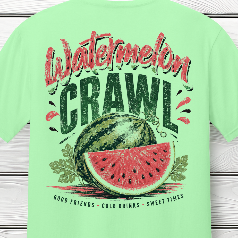 Summer watermelon artwork with distressed Watermelon Crawl lettering and country-inspired summer graphics