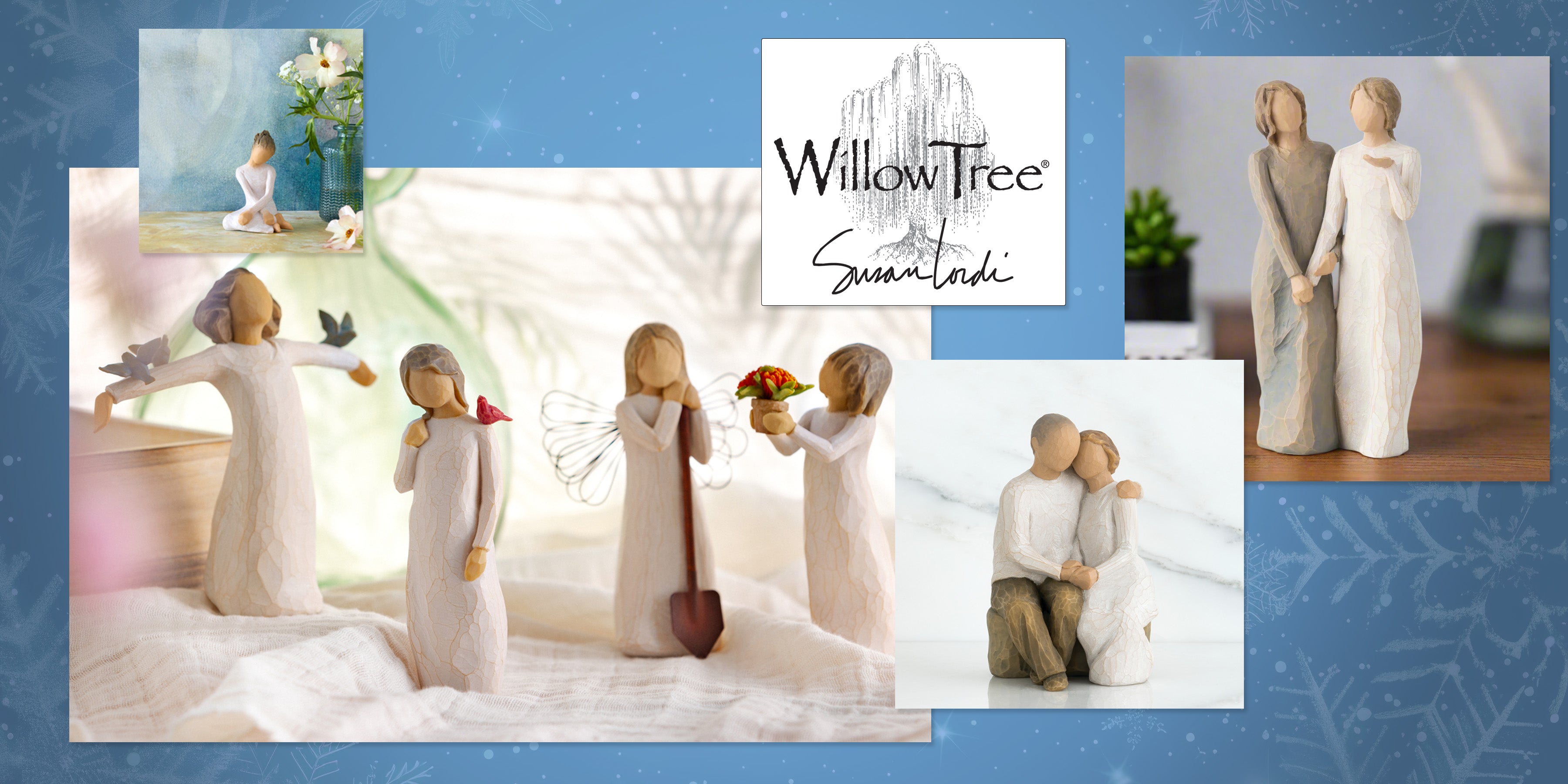 Willow Tree figurines displayed together, featuring hand-carved sculptures symbolizing love, family, and meaningful moments.